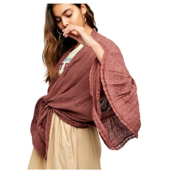 Free People kimono boho Rosebud Guaze Cotton Festival Hippie Grunge Peasant OS - Picture 2 of 12